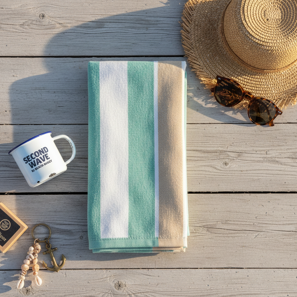 A carefully arranged flat lay of coastal lifestyle essentials on sun-bleached driftwood planks: a neatly folded soft cotton striped beach towel in seafoam and sand tones, a woven straw sun hat with frayed edges, round tortoiseshell sunglasses, and a small, weathered enamel mug printed with ‘Second Wave by Beach Buggy’. A tiny surf wax bar and a shell-strewn keychain peek into frame. Soft, late-morning natural light from the side creates gentle highlights on the fabrics and subtle shadows between objects. Shot from a true overhead, photographic realism with shallow depth of field toward the edges, the mood feels playful, relaxed, and inviting, perfectly capturing an easygoing Cape May coastal vibe.