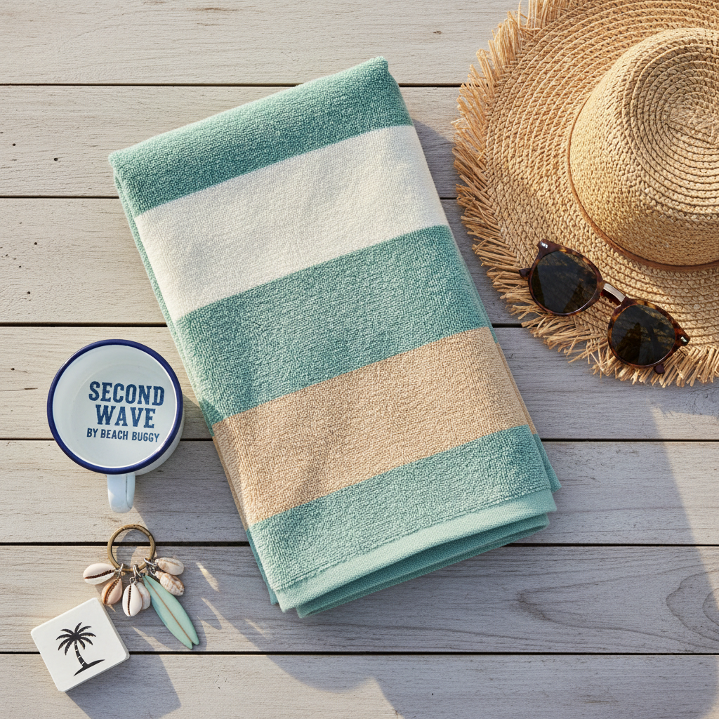 A carefully arranged flat lay of coastal lifestyle essentials on sun-bleached driftwood planks: a neatly folded soft cotton striped beach towel in seafoam and sand tones, a woven straw sun hat with frayed edges, round tortoiseshell sunglasses, and a small, weathered enamel mug printed with ‘Second Wave by Beach Buggy’. A tiny surf wax bar and a shell-strewn keychain peek into frame. Soft, late-morning natural light from the side creates gentle highlights on the fabrics and subtle shadows between objects. Shot from a true overhead, photographic realism with shallow depth of field toward the edges, the mood feels playful, relaxed, and inviting, perfectly capturing an easygoing Cape May coastal vibe.