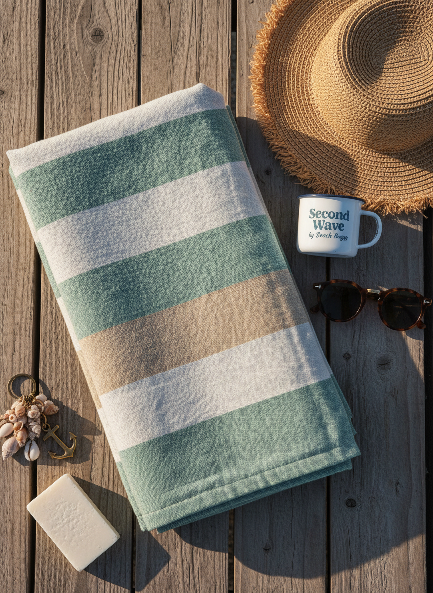 A carefully arranged flat lay of coastal lifestyle essentials on sun-bleached driftwood planks: a neatly folded soft cotton striped beach towel in seafoam and sand tones, a woven straw sun hat with frayed edges, round tortoiseshell sunglasses, and a small, weathered enamel mug printed with ‘Second Wave by Beach Buggy’. A tiny surf wax bar and a shell-strewn keychain peek into frame. Soft, late-morning natural light from the side creates gentle highlights on the fabrics and subtle shadows between objects. Shot from a true overhead, photographic realism with shallow depth of field toward the edges, the mood feels playful, relaxed, and inviting, perfectly capturing an easygoing Cape May coastal vibe.