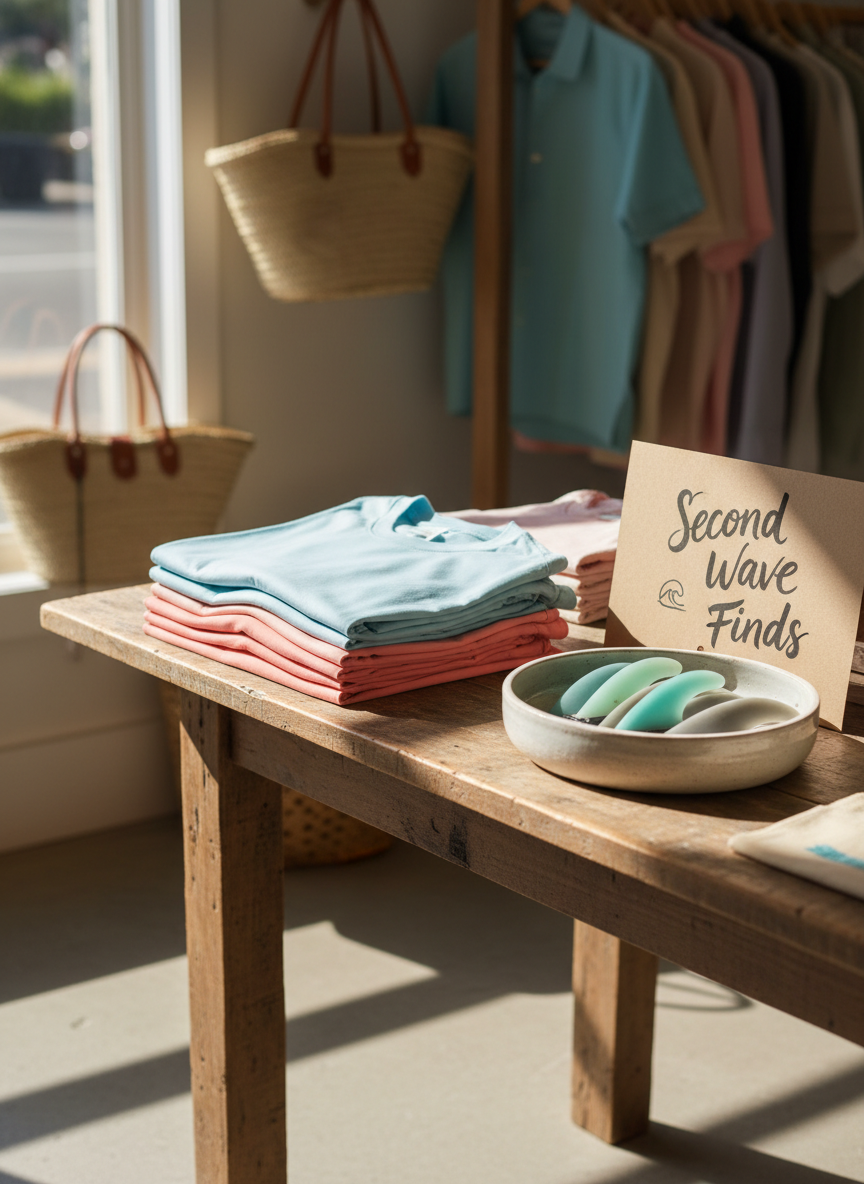 A bright, welcoming corner of a coastal lifestyle shop interior, featuring neatly stacked folded T-shirts in pastel blues, coral, and sandy beige on a reclaimed wood table. Beside them, a row of minimalist surfboard fins in translucent turquoise and smoke grey sits in a ceramic dish, next to a hand-lettered ‘Second Wave Finds’ sign on textured kraft cardstock. The background shows blurred racks of hanging linen shirts and straw beach bags. Warm, diffused window light washes in from the left, creating soft, natural shadows. Captured at eye level with a slight three-quarter angle and sharp focus on the tabletop, photographic realism with a playful, boutique atmosphere that feels curated yet relaxed.