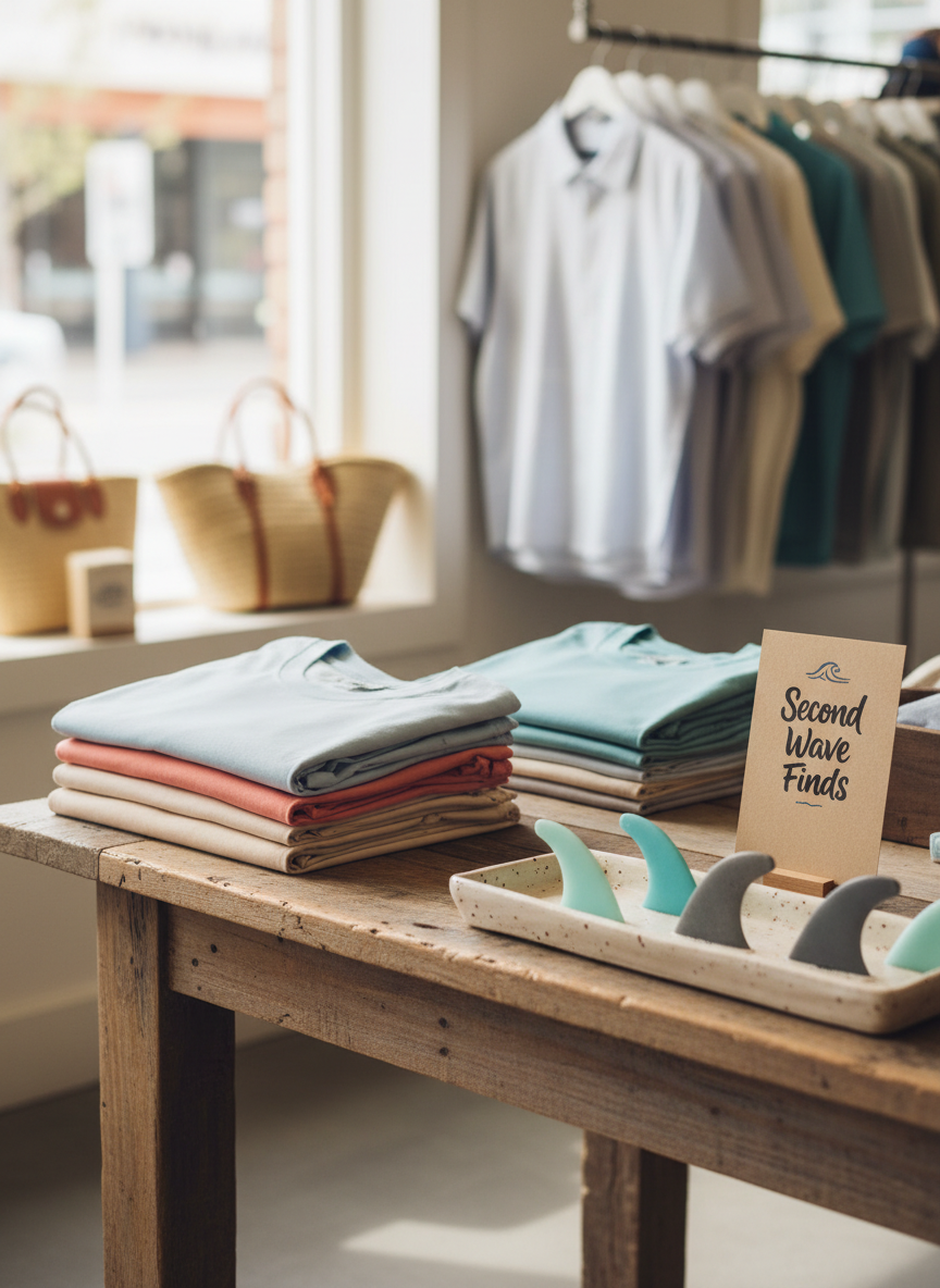 A bright, welcoming corner of a coastal lifestyle shop interior, featuring neatly stacked folded T-shirts in pastel blues, coral, and sandy beige on a reclaimed wood table. Beside them, a row of minimalist surfboard fins in translucent turquoise and smoke grey sits in a ceramic dish, next to a hand-lettered ‘Second Wave Finds’ sign on textured kraft cardstock. The background shows blurred racks of hanging linen shirts and straw beach bags. Warm, diffused window light washes in from the left, creating soft, natural shadows. Captured at eye level with a slight three-quarter angle and sharp focus on the tabletop, photographic realism with a playful, boutique atmosphere that feels curated yet relaxed.