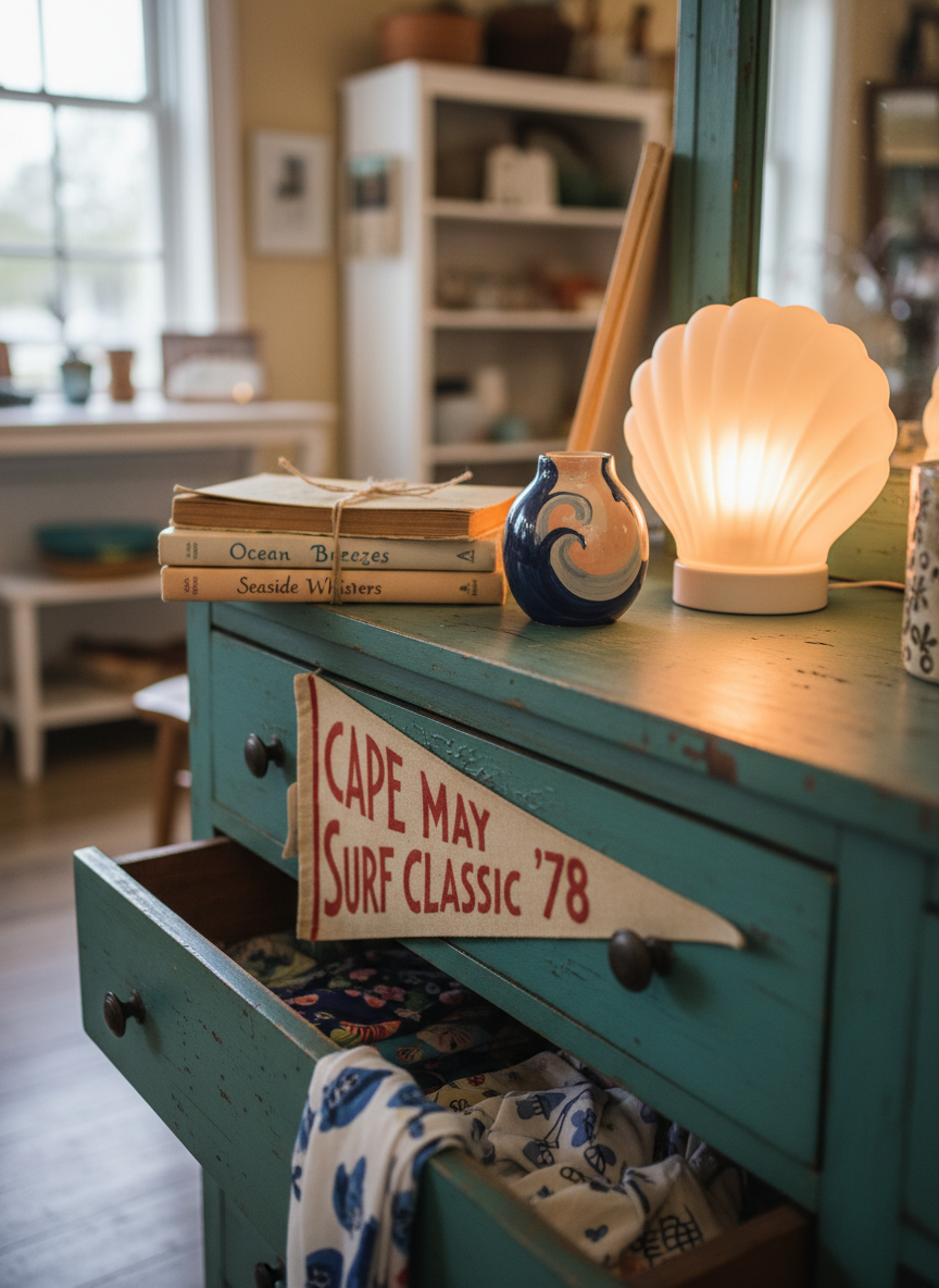 A cozy thrifted treasure vignette on a low, distressed teal dresser: a stack of vintage coastal paperbacks with gently curled pages, a small ceramic vase painted with abstract waves in navy and pale peach, and a retro shell-shaped lamp with a soft, warm glow. A faded surf contest pennant from Cape May drapes casually from an open drawer, revealing glimpses of patterned scarves and sun-bleached bandanas. Ambient shop lighting mixes with a bit of indirect natural light from an unseen window, creating a warm, nostalgic atmosphere. Captured at a close, three-quarter angle with shallow depth of field, the foreground textures crisp while the background softly blurs, emphasizing the charm and character of curated thrift finds in photographic realism.