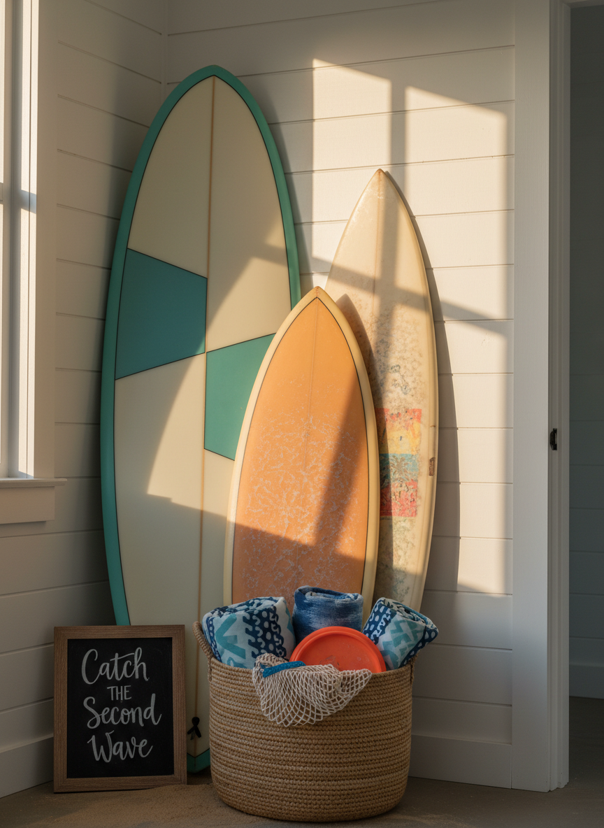 A curated display of surf and beach gear leaning against a whitewashed shiplap wall: a matte-finish longboard with a muted teal and cream color-block pattern, a retro single-fin in translucent amber, and a well-loved soft-top board with sun-faded graphics. At their base, a woven jute basket overflows with rolled beach blankets, a mesh tote, and a sand-dusted frisbee. A small chalkboard sign reads ‘Catch the Second Wave’ in hand-drawn script. Golden hour sunlight slants in from a high side window, creating long, dramatic shadows and warm highlights on the boards’ curves. Shot from a slightly low angle with moderate depth of field, photographic realism with a playful, adventurous mood.