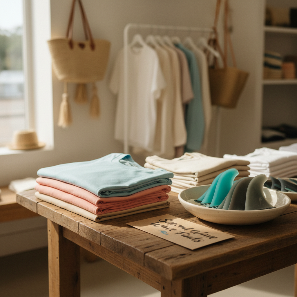A bright, welcoming corner of a coastal lifestyle shop interior, featuring neatly stacked folded T-shirts in pastel blues, coral, and sandy beige on a reclaimed wood table. Beside them, a row of minimalist surfboard fins in translucent turquoise and smoke grey sits in a ceramic dish, next to a hand-lettered ‘Second Wave Finds’ sign on textured kraft cardstock. The background shows blurred racks of hanging linen shirts and straw beach bags. Warm, diffused window light washes in from the left, creating soft, natural shadows. Captured at eye level with a slight three-quarter angle and sharp focus on the tabletop, photographic realism with a playful, boutique atmosphere that feels curated yet relaxed.