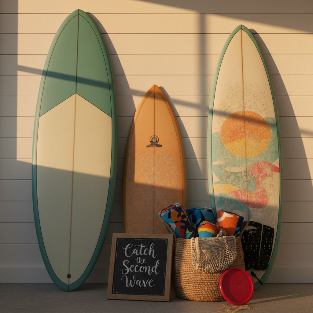 A curated display of surf and beach gear leaning against a whitewashed shiplap wall: a matte-finish longboard with a muted teal and cream color-block pattern, a retro single-fin in translucent amber, and a well-loved soft-top board with sun-faded graphics. At their base, a woven jute basket overflows with rolled beach blankets, a mesh tote, and a sand-dusted frisbee. A small chalkboard sign reads ‘Catch the Second Wave’ in hand-drawn script. Golden hour sunlight slants in from a high side window, creating long, dramatic shadows and warm highlights on the boards’ curves. Shot from a slightly low angle with moderate depth of field, photographic realism with a playful, adventurous mood.