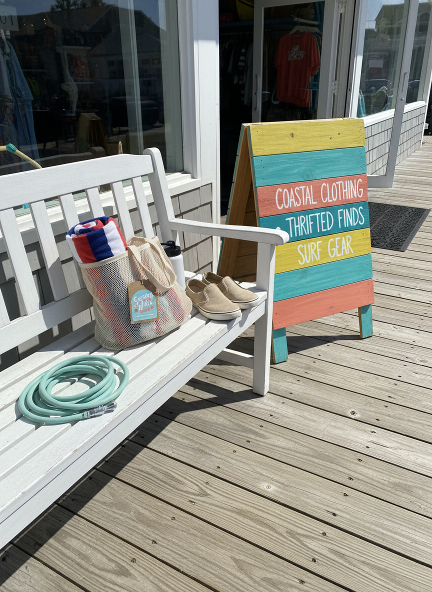 A playful beach-gear-ready scene at the entrance of a coastal shop: a weathered white wooden bench holding a neatly coiled mint-green beach cruiser bike lock, a pair of sand-dusted canvas slip-ons, and a mesh beach tote half-filled with a rolled striped towel, reusable water bottle, and a small tag reading ‘Second Wave by Beach Buggy’. Beside the bench, a colorful surf-style sandwich board sign lists ‘Coastal Clothing • Thrifted Finds • Surf Gear’ in bold hand-painted letters. Bright, clear midday coastal light casts crisp, cheerful shadows on the boardwalk-style planks. Shot from a slightly elevated side angle in photographic realism, the mood is energetic, sunny, and playful, inviting visitors into the Cape May lifestyle.